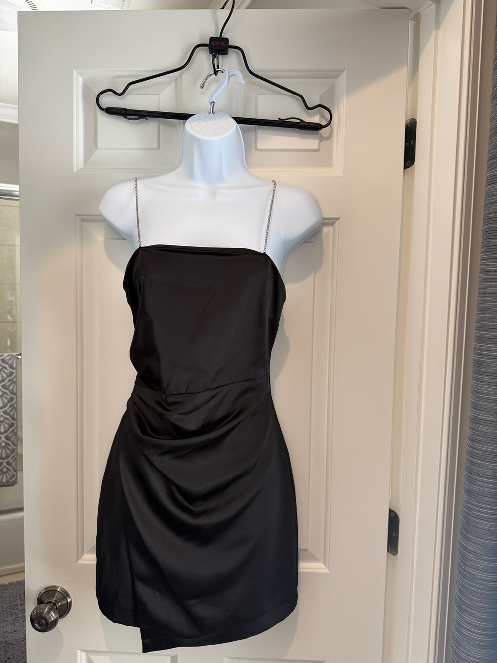 Black Satin Mini Dress with Chain Straps